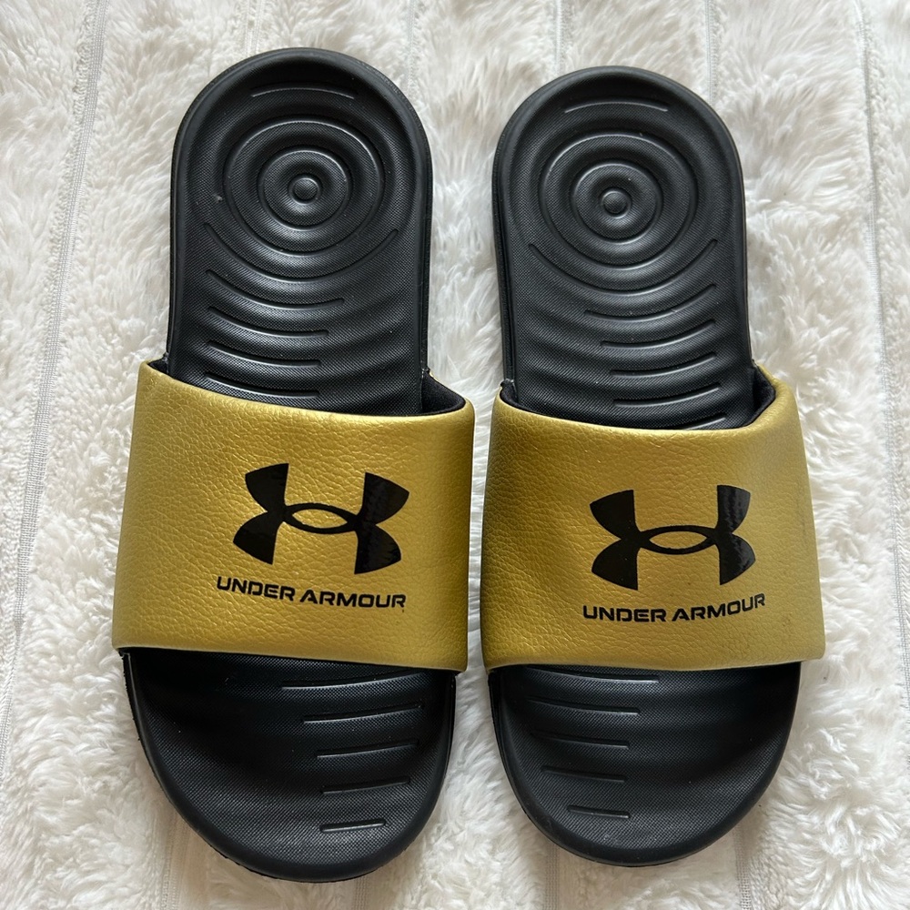 Under Armour Black and Gold Slides